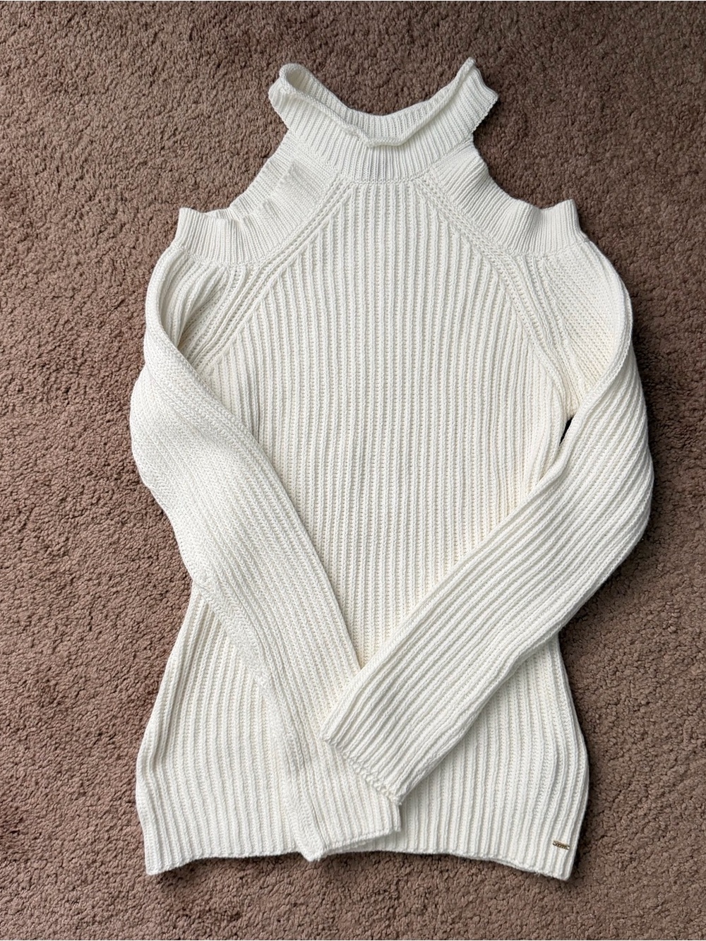 Guess Cream Cold-Shoulder Ribbed Mock Neck Sweater